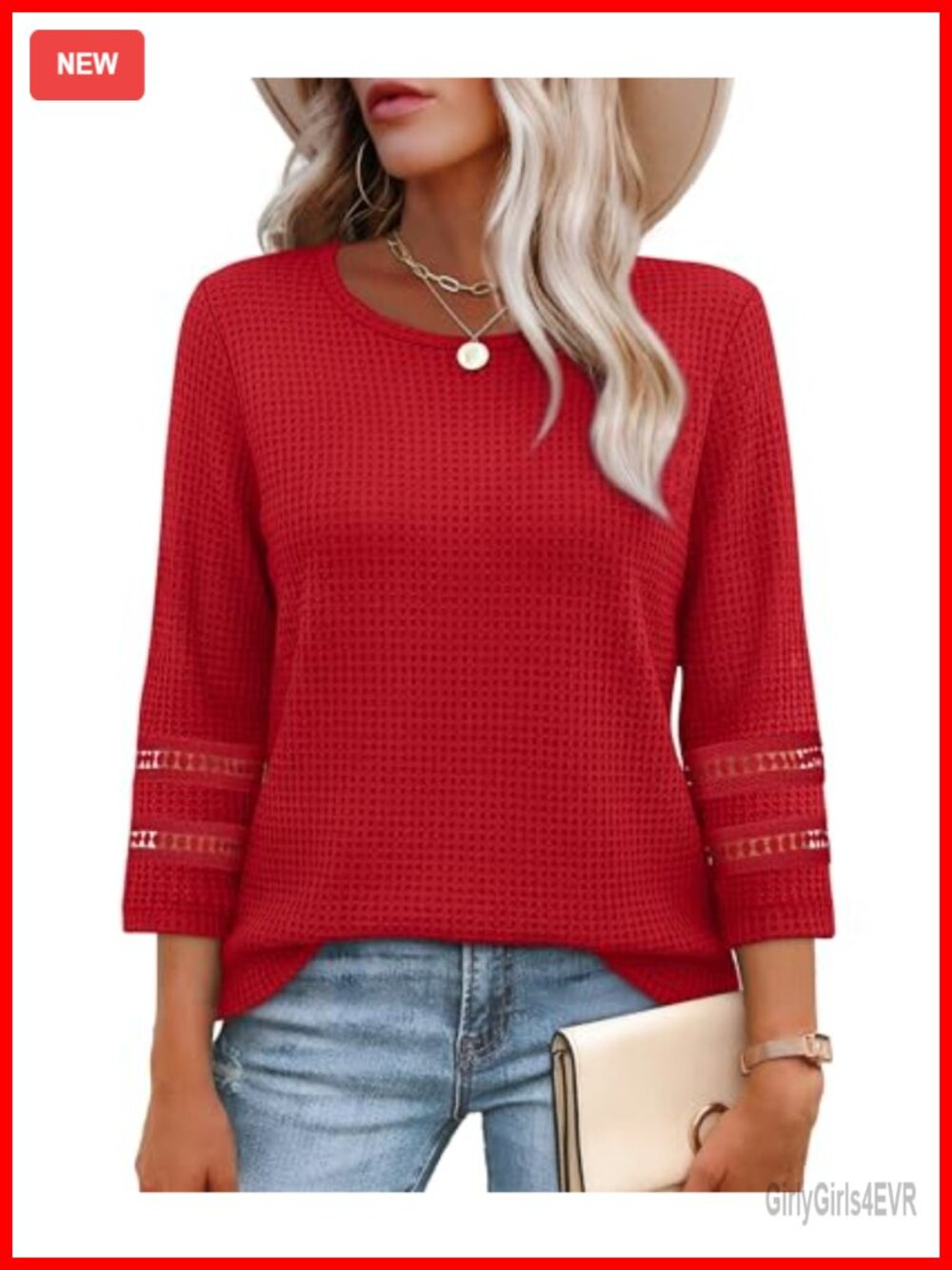 Womens Lace Crochet 3/4 Sleeve Waffle Knit Tunic Top Dressy Casual Blouse
